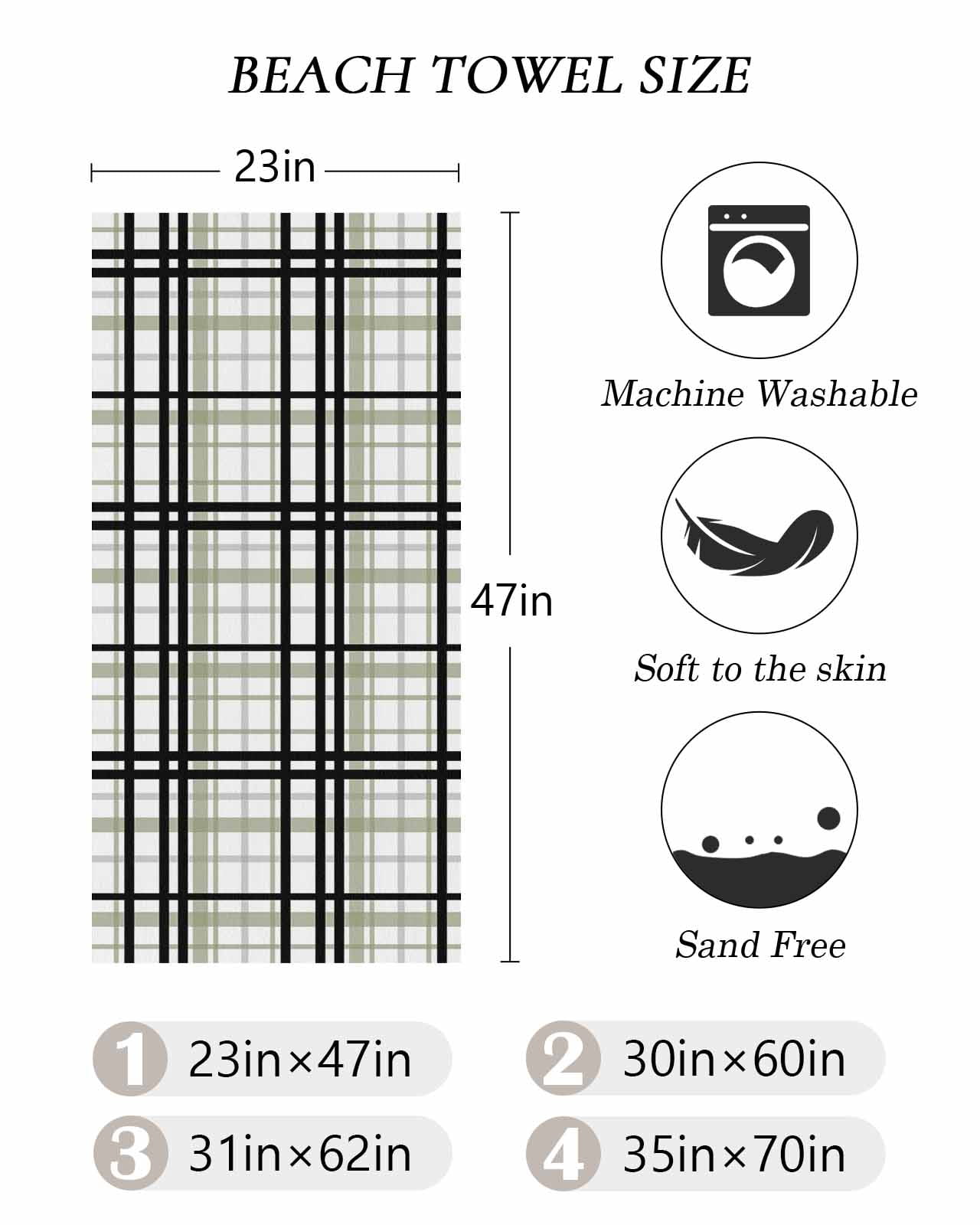 Sage Green Black Plaid Beach Towels Oversized Super Absorbent, Farmhouse Green Black Checkered Lightweight Bath Towel Quick Dry Sets For Bathroom/Pool/Rv Camping/Beach Play/Gym Room/Picnic 23"x47"