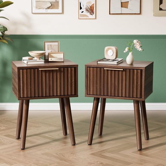 Fluted Nightstands Set of 2 with Drawer, Mid Century Modern Bedside Tables, End Tables, Wood Nightstand for Bedroom, Walnut, 15.75" W x 11.81" D x 21.85" H
