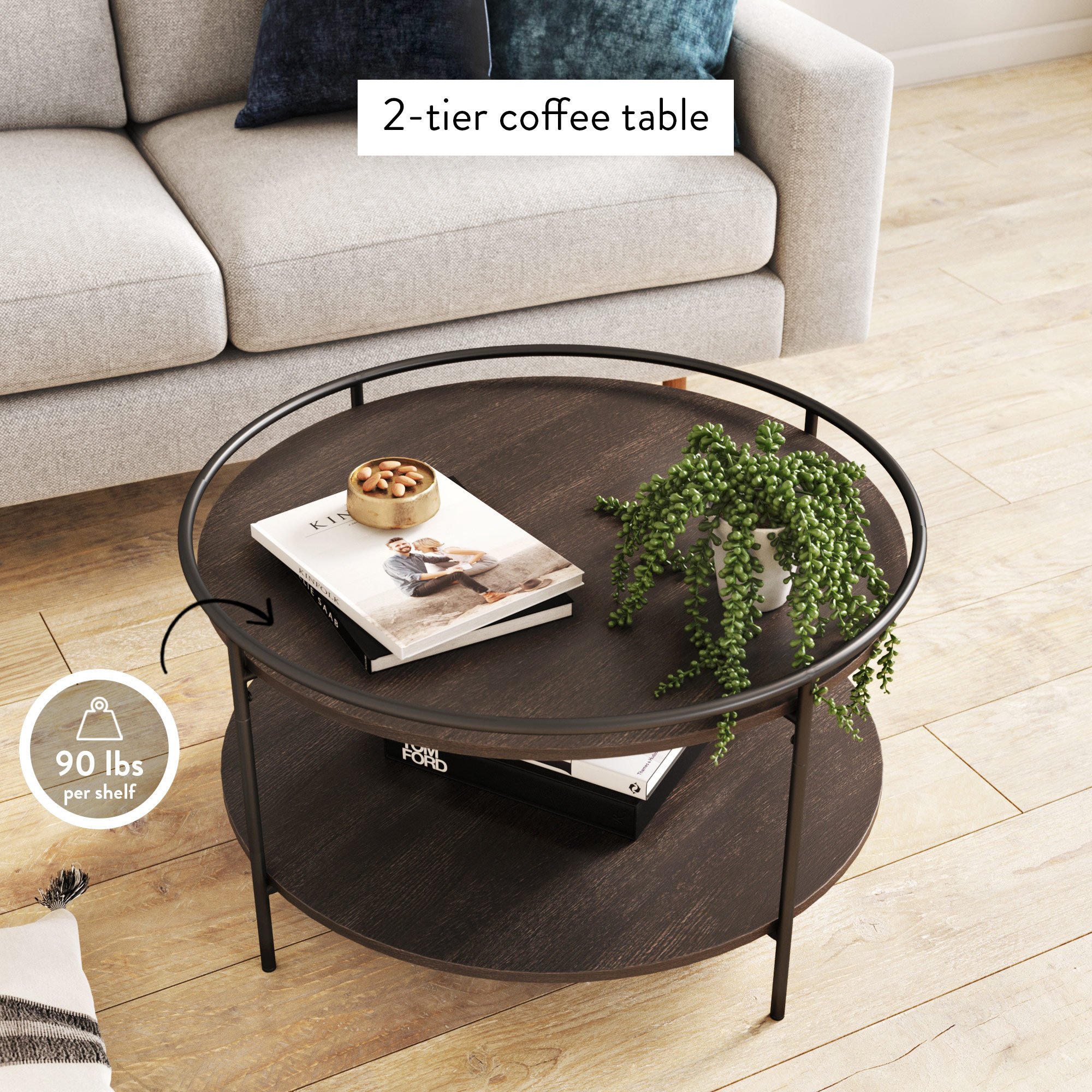 Nathan James Paloma Round Coffee Table for Tea or Cocktail 2-Tier Minimalist Tray Top Edge, Dark Oak/Matte Black - image 3 of 7