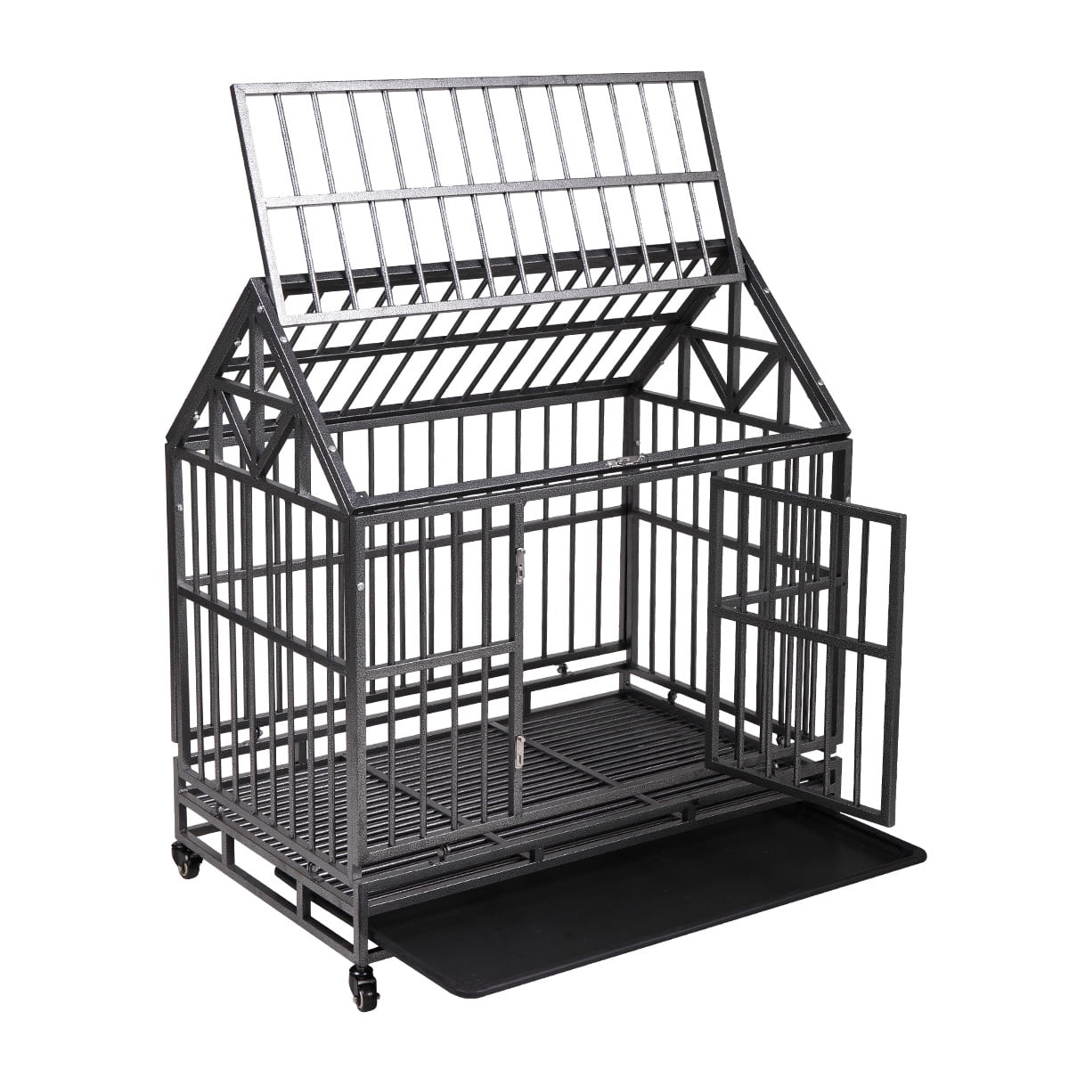Pefilos 37" Dog Crate, Heavy Duty Large Pet Dog Kennel for Small / Large Dogs, Metal Pet Playpen Dog Cage w/ Tray Wheels, Black, Tip Roof Pefilos 37" Dog Crate, Heavy Duty Large Pet Dog Kennel for Small / Large Dogs, Metal Pet Playpen Dog Cage w/ Tray Wheels, Black, Tip Roof