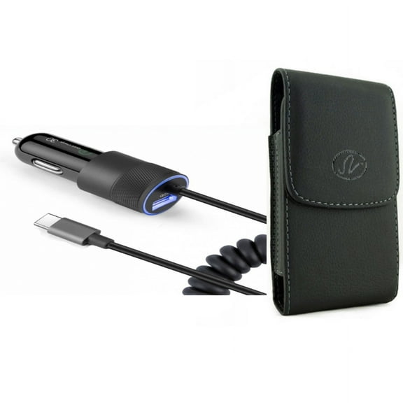 Case Belt Clip & 36W Fast Car Charger for iPhone 15 Pro Max - Leather Holster Cover Pouch and USB-C Power Adapter Coiled Type-C Cable Extra USB Port L6Z for iPhone 15 Pro Max (6.7")