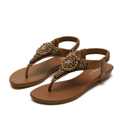 

DAFENGEA Fashion Women Sandals Summer Boho Casual Flat Ankle Elastic T-Strap Thong Comfortable Flip Flops Beach Shoes Female Rhinestone Clip Open Toe Designer Footwear