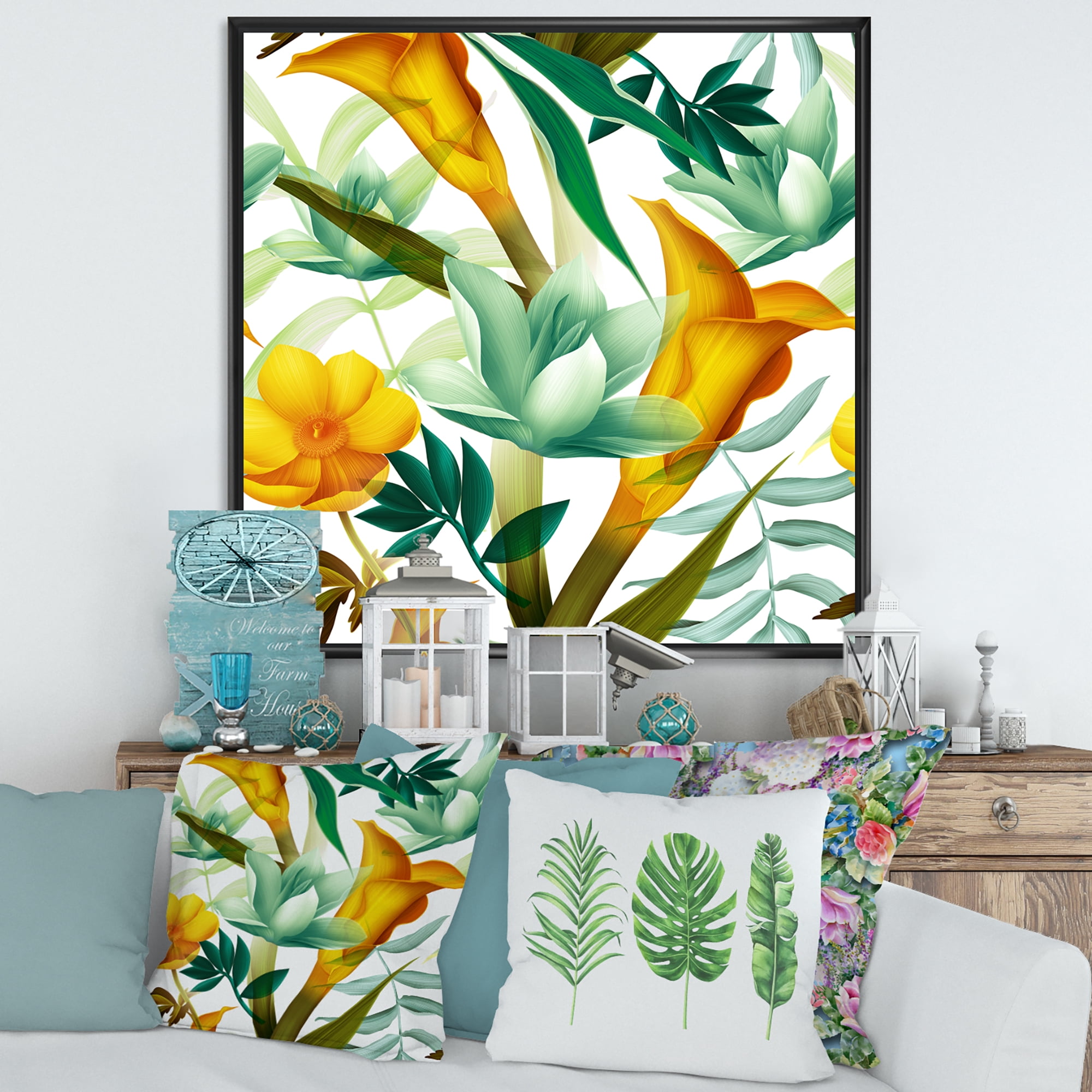 Yellow Flowers and Tropical Foliage III 30 in x 30 in Framed Painting Canvas Art Print, by Designart