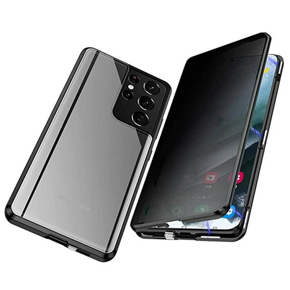 Privacy Magnetic Case Compatible with Samsung Galaxy S23 Ultra Metal Frame Double Sided Tempered Glass Case-Black