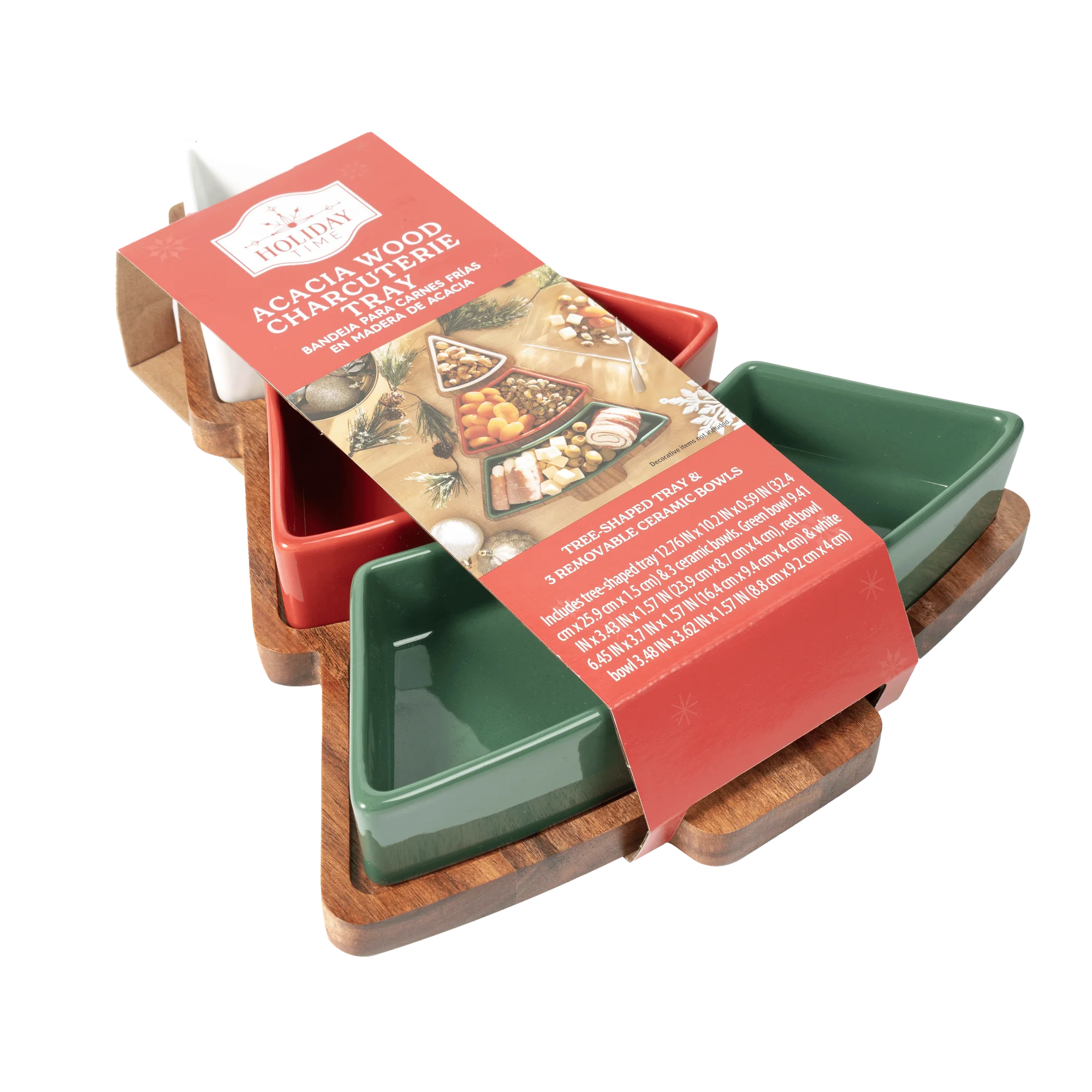 Holiday Time Acacia Wood Christmas Tree Charcuterie Tray with Ceramic Bowls, 12.76 x 10.2 x 2.05 in