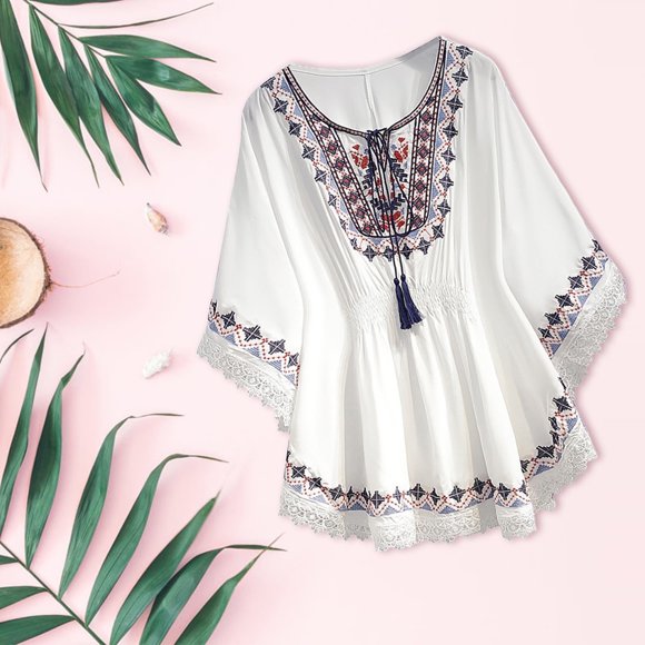 UANWENN Haut pour Femmes Style Bohème Brodé T-Shirt Montrant Mince Longueur Mi-Longue Haut Ample Manches Longues Col Roulé Tee-Shirt Manches Longues pour Femmes Course