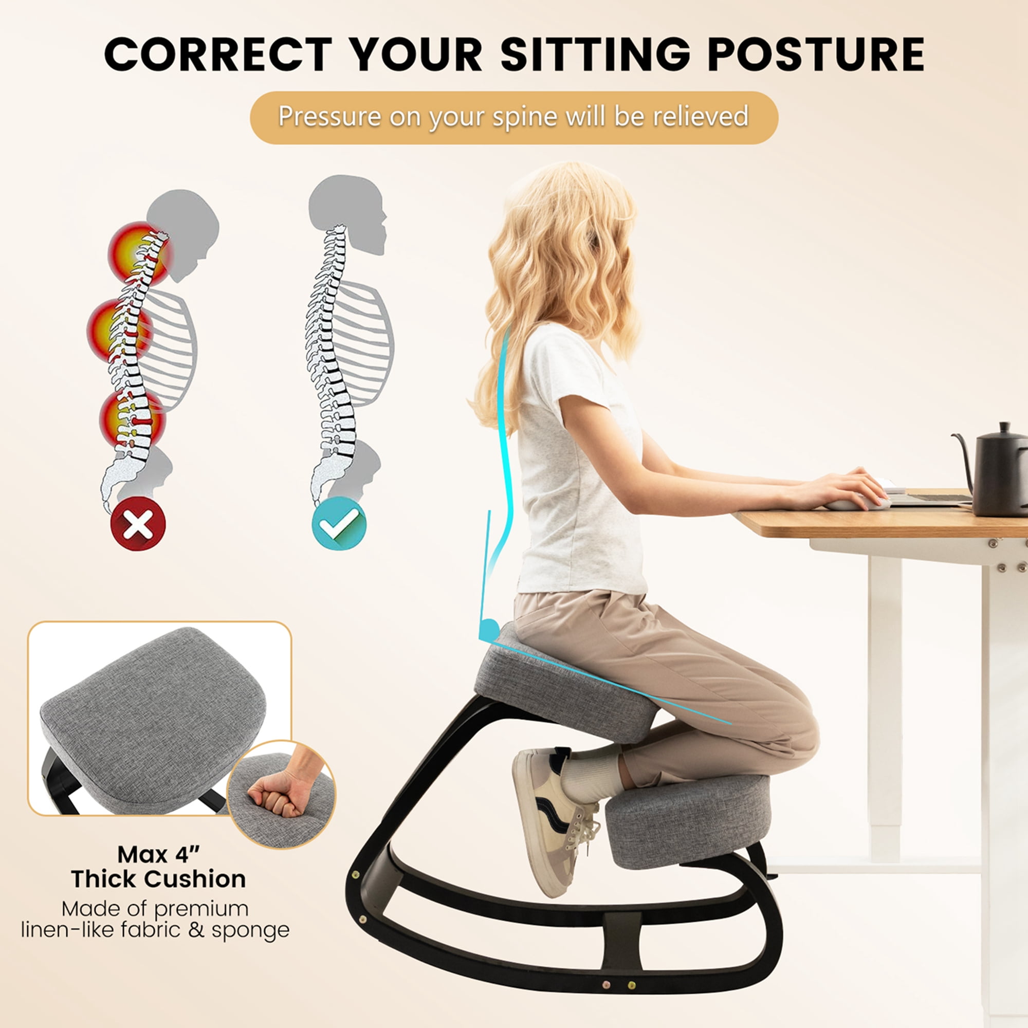 Costway Ergonomic Kneeling Chair Wooden Rocking Chair With Comfortable  Padded Seat Cushion & Knee Support Upright Posture Support Chair For Back  Pain Relief Beige/black/gray : Target