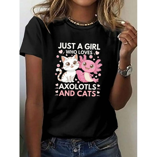 Women's Casual Short Sleeve Crew Neck T-Shirt - Cute Axolotl & Cat Print with "Just a Who Loves Axolotls & Cats" Text, Pink Hearts & Geometric Patterns, Soft Breathable Fabric,