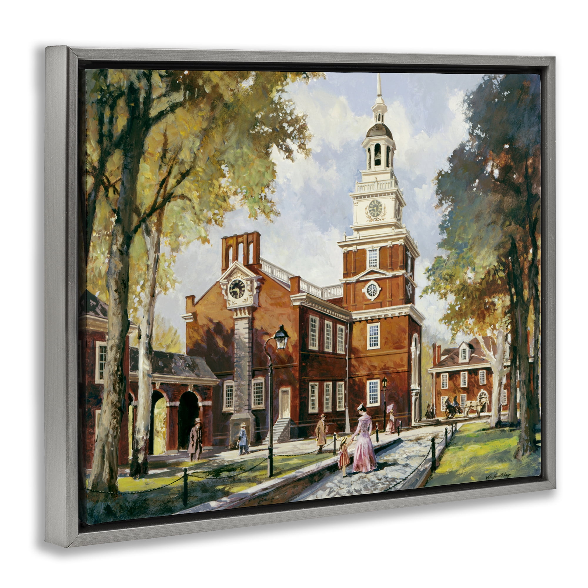 Independence Hall Colonial Times Gray Framed Floater Canvas Wall Art, design by Wind River Studios
