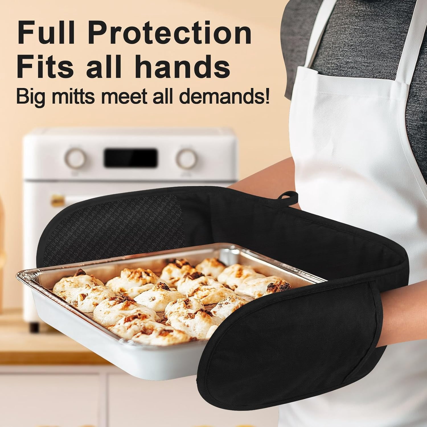 Black Double Oven Mitts，Heat Resistant 260℃ Waterproof Silicone Glove Kitchen Gloves Oven Extra Long Oven Mitts with Non-Slip Silicone Surface for Baking, Cooking, BBQ
