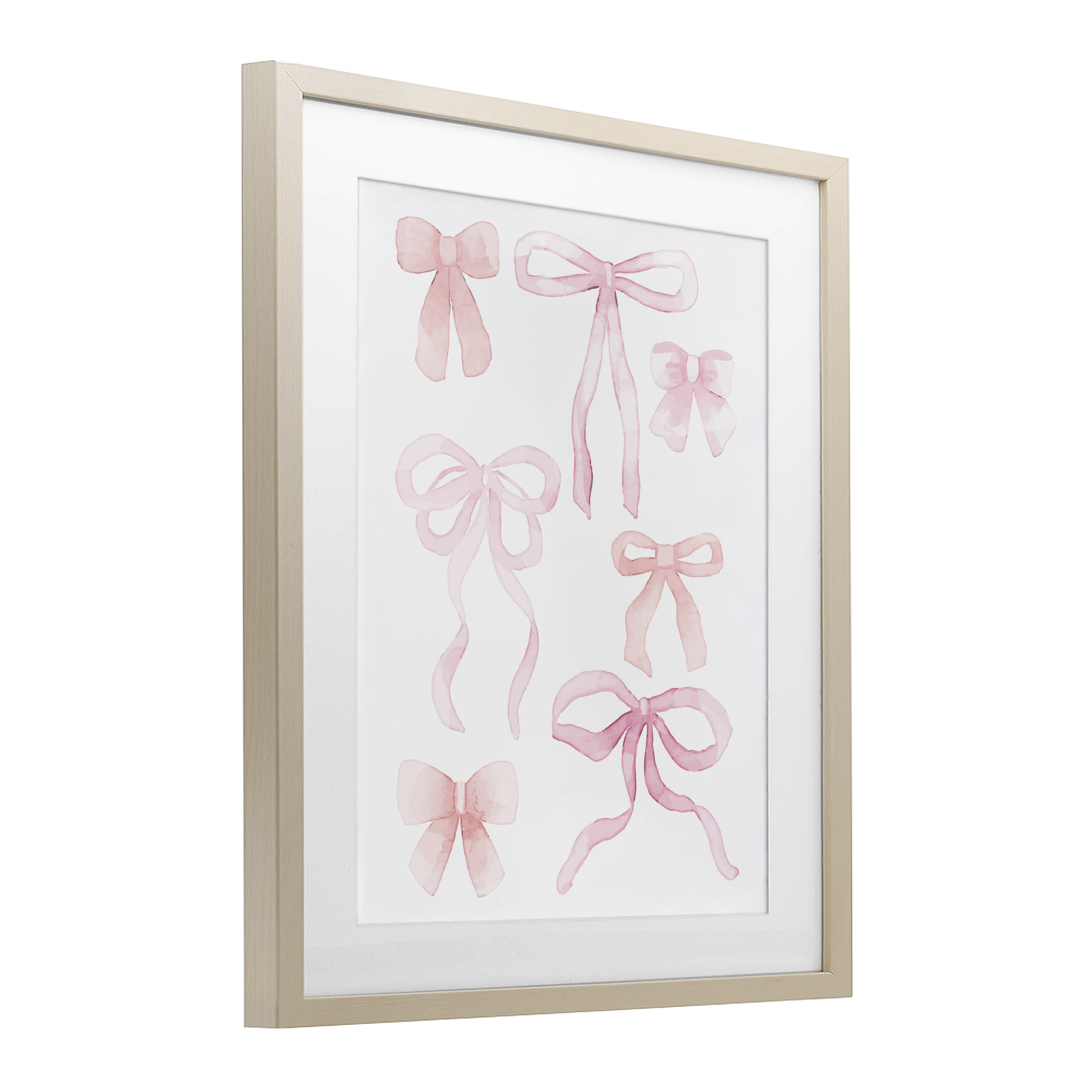 Pink Watercolor Bows Birch Framed Print Under Glass, design by Kim Allen