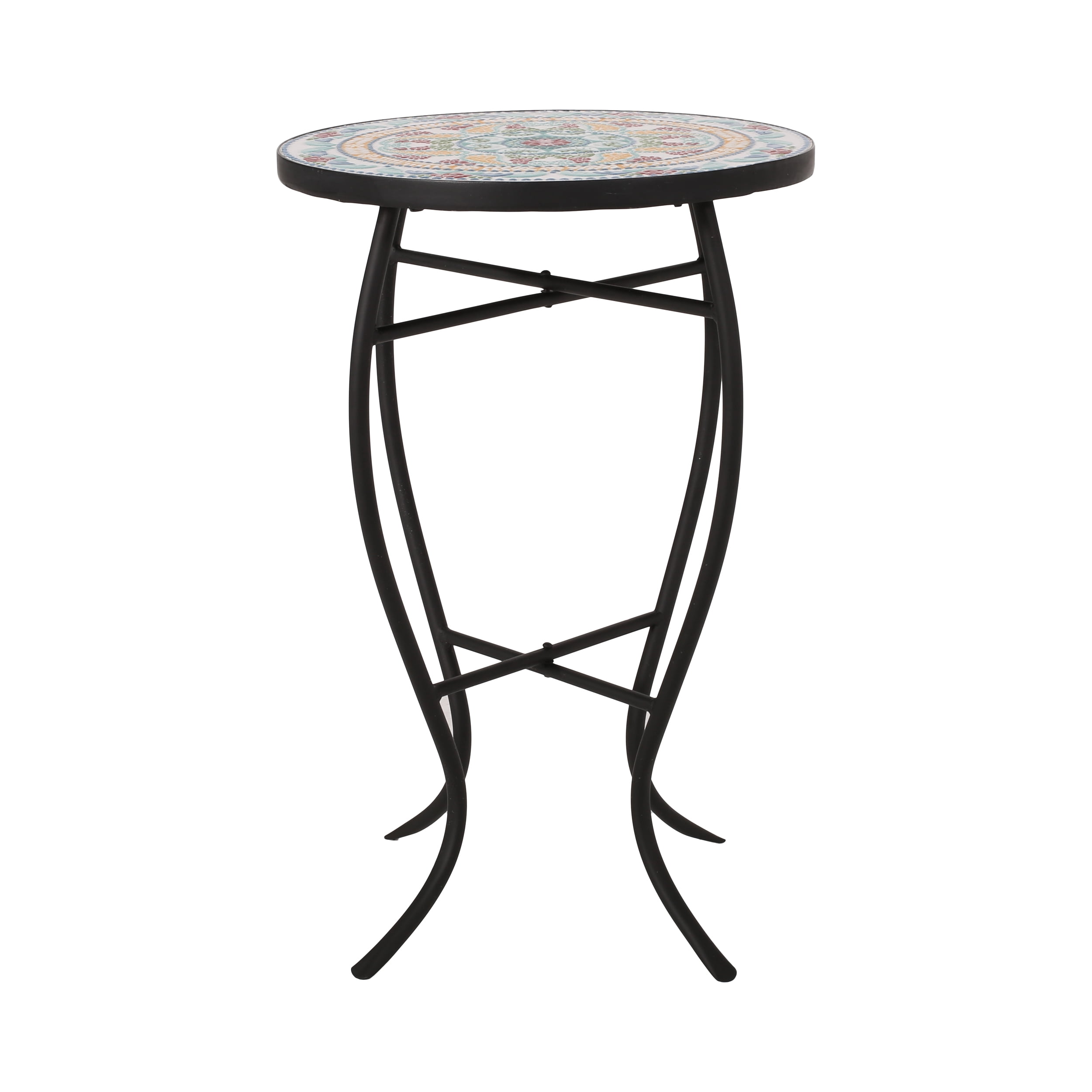 Outdoor Side Table, Accent Table, Tile Mosaic Table with Curved Metal Frame and Ceramic Tile Top for Patio Garden Balcony, 14 Inch, Black