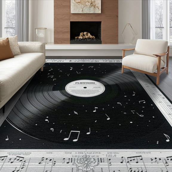 ODIKA 8'x10' Washable Area Rug Music Vinyl Note Record Album Disc Motif Border Round Cd Themed for Living Room, Under Sectional, Family , Durable, Non-Slip