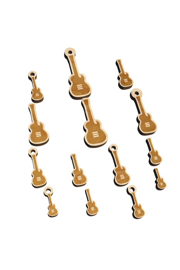Electric Guitar Silhouette Wood Mini Charms Shapes DIY Craft Jewelry - No Hole - Various Sizes (16pcs)