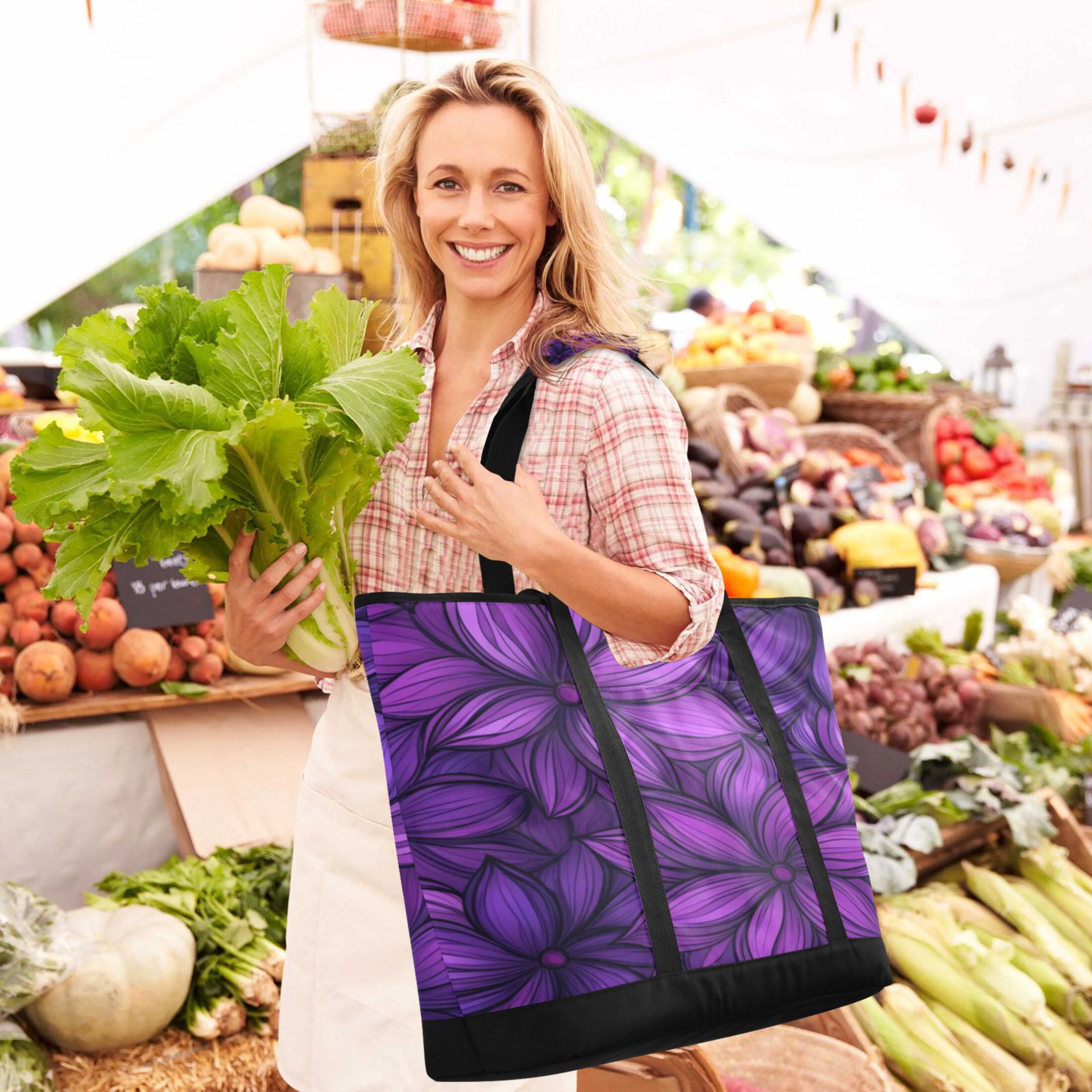 Large Hand-held Ice Pack Picnic Bag Insulation and Refrigeration Suitable for Shopping Picnics and Camping Large Purple Flower Pattern