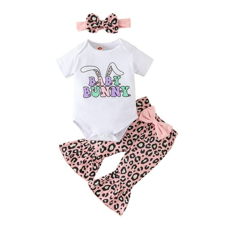 

ZHAGHMIN Summer Outfits For Girls Toddler Girls Easter Short Sleeve Cartoon Rabbit Romper Bodysuits Leopard Prints Bell Bottoms Pants Headbands Outfits Girl Clothes 3T-4T New Born Baby Girl Outfit T