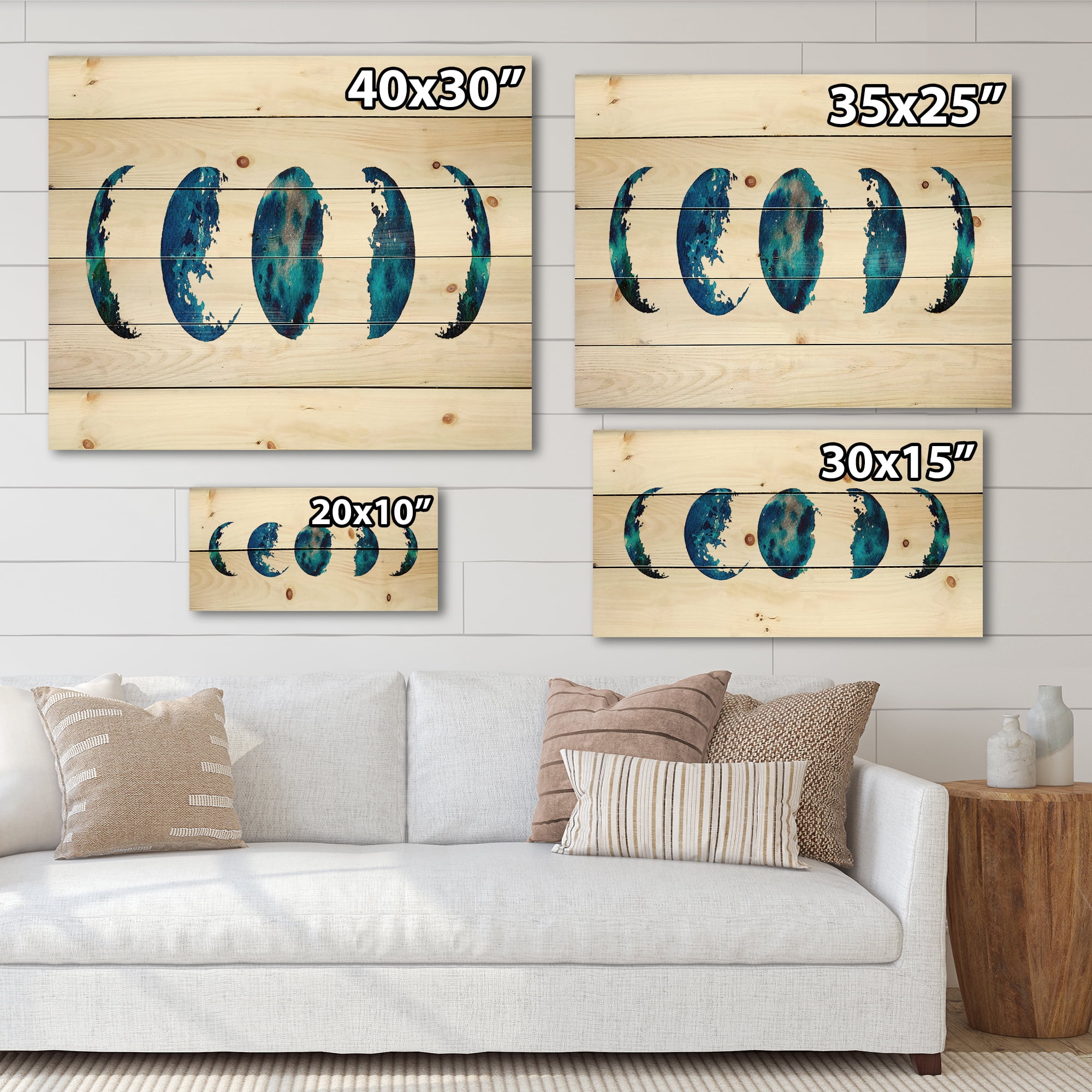 Designart 'Blue Moon Different Phases' Bohemian & Eclectic Print on Natural Pine Wood