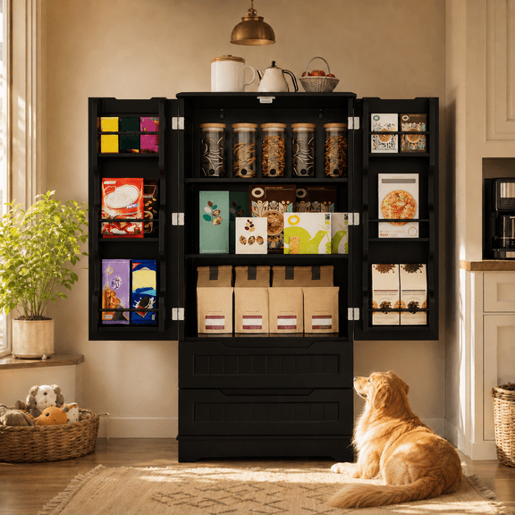 Freestanding White Storage Cabinet with Doors & Drawers, 24"W x16"D x47"H Engineered Wood Pantry Organizer for Kitchen, Bathroom & Laundry Room Black