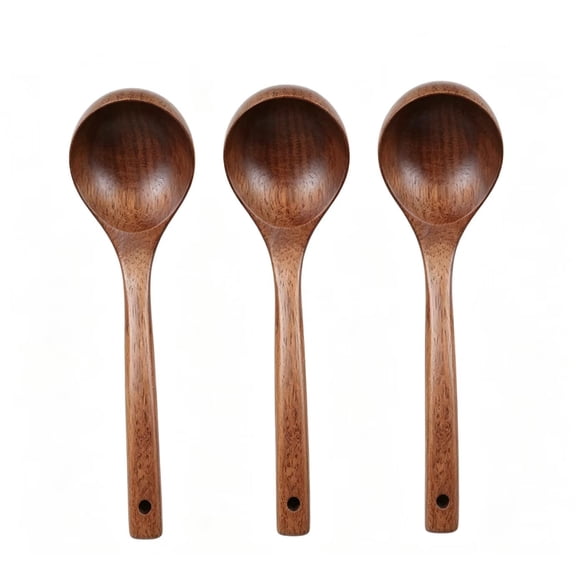 Vruelia 3X Kitchen Cooking Straight Handle Wooden Wood Soup Scoop Spoon Ladle Brown 11 inch Long