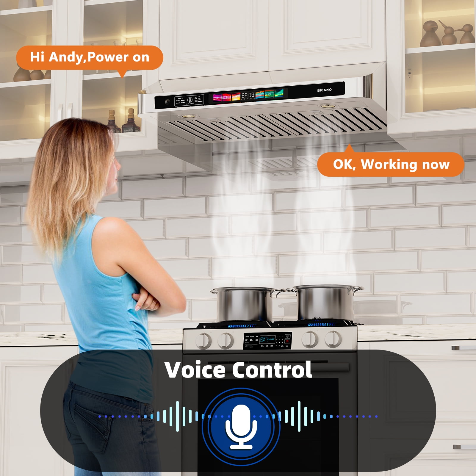 Brano 30 Inch 900 CFM Ducted Under Cabinet Range Hood in Stainless Steel with Voice, Gesture, and Touch Control