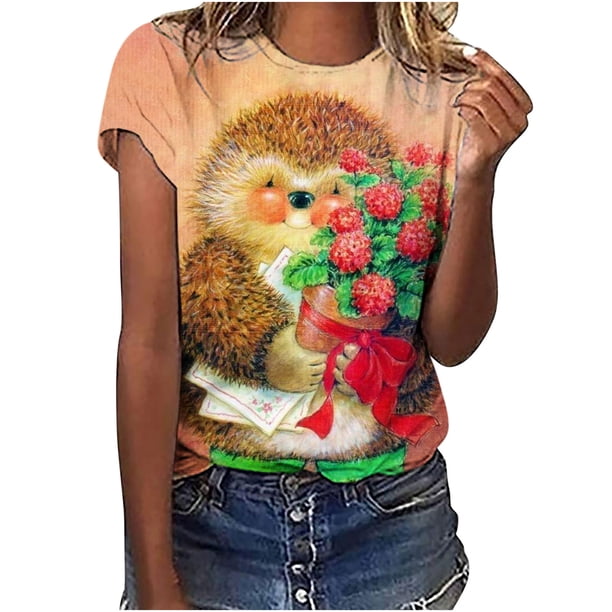 Camiseta de manga corta con cuello redondo y estampado informal de verano para mujer Pompotops hfajkhk135026