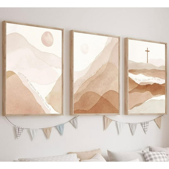 3Pcs Framed Christian Boho Wall Art for Living Room Mid-Century Modern Nordic Print Neutral Scripture Canvas Poster Abstract Sun Mountain Bible Verses Picture Painting Wall Decor for Bedroom 12X16in