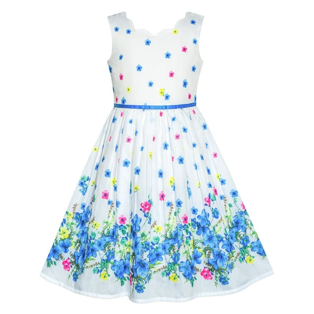 Robe Fille Bleue Fleur Pétale Robe d'Été 12 Ans