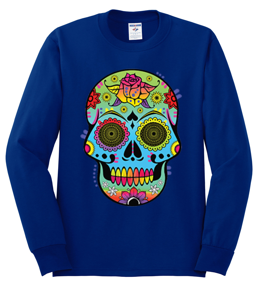 Wild Bobby, Colorful Floral Sugar Skull Streetwear Mens Long Sleeve Shirt, Royal, Small - image 2 of 3