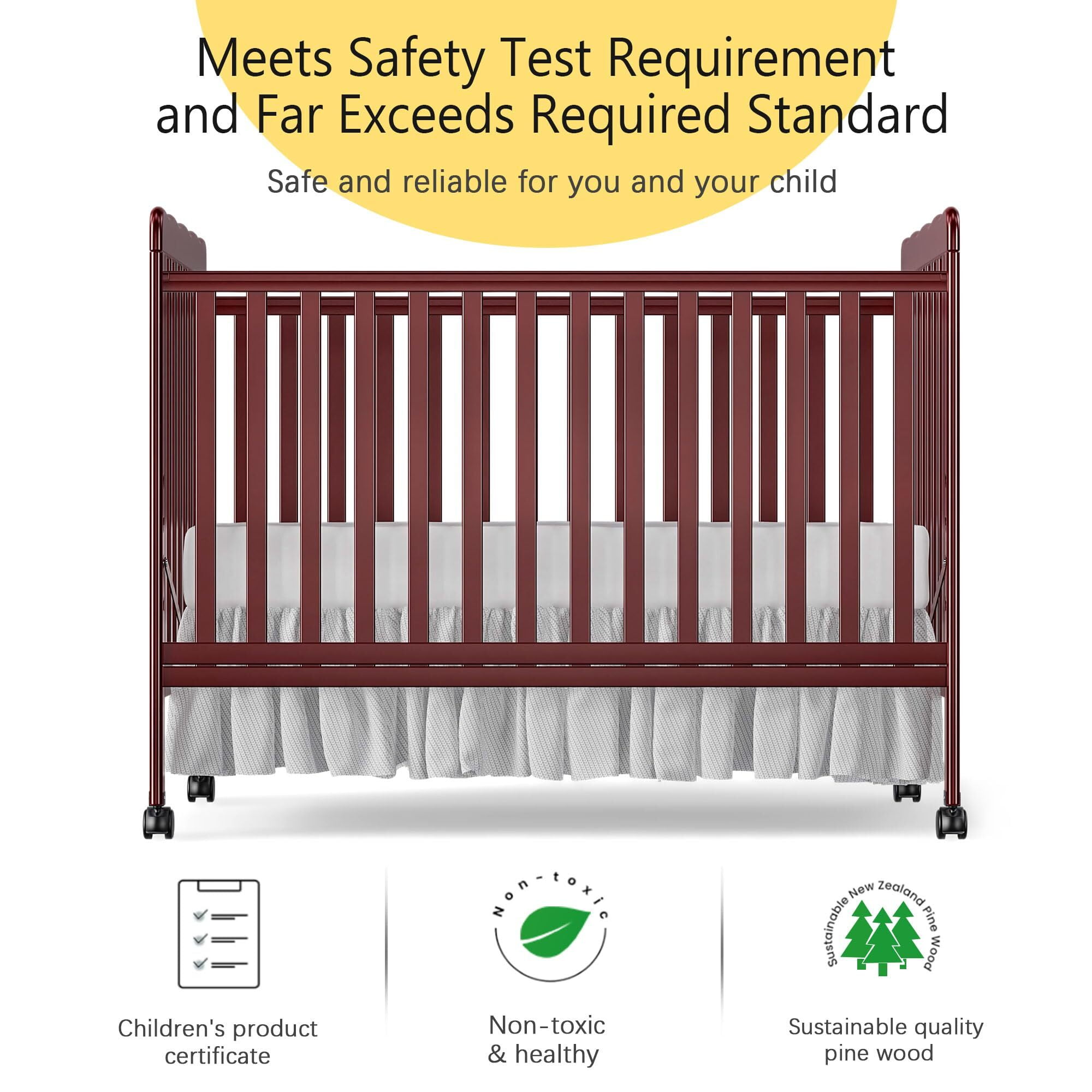 Baby Convertible Crib 3 In 1, Converts from Baby Crib to Toddler Bed, New Zealand Pinewood Baby Bed with Locking Wheels and Teething Rail, Crib with 4 Height Adjustment and Non Toxic Finish, Cherry