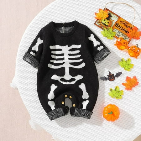 

Gyratedream Baby Boy Girl Halloween Clothes Skeleton Black Outfits Skull Rompers Jumpsuits Knitted Sweater Set