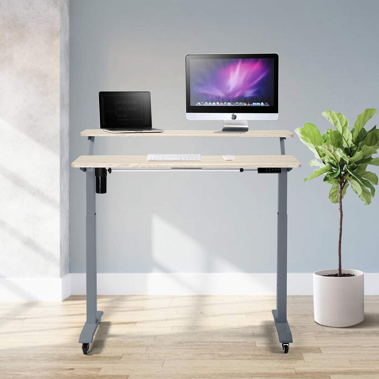 UNICOO® 2 Tier Electric Height Adjustable Standing Desk with Wheels, Electric Mobile Standing Workstation, Sit Stand Desk Home Office Desk Whole-Piece Desk Board 48 * 24 in (KT1002-GG) 2Tier