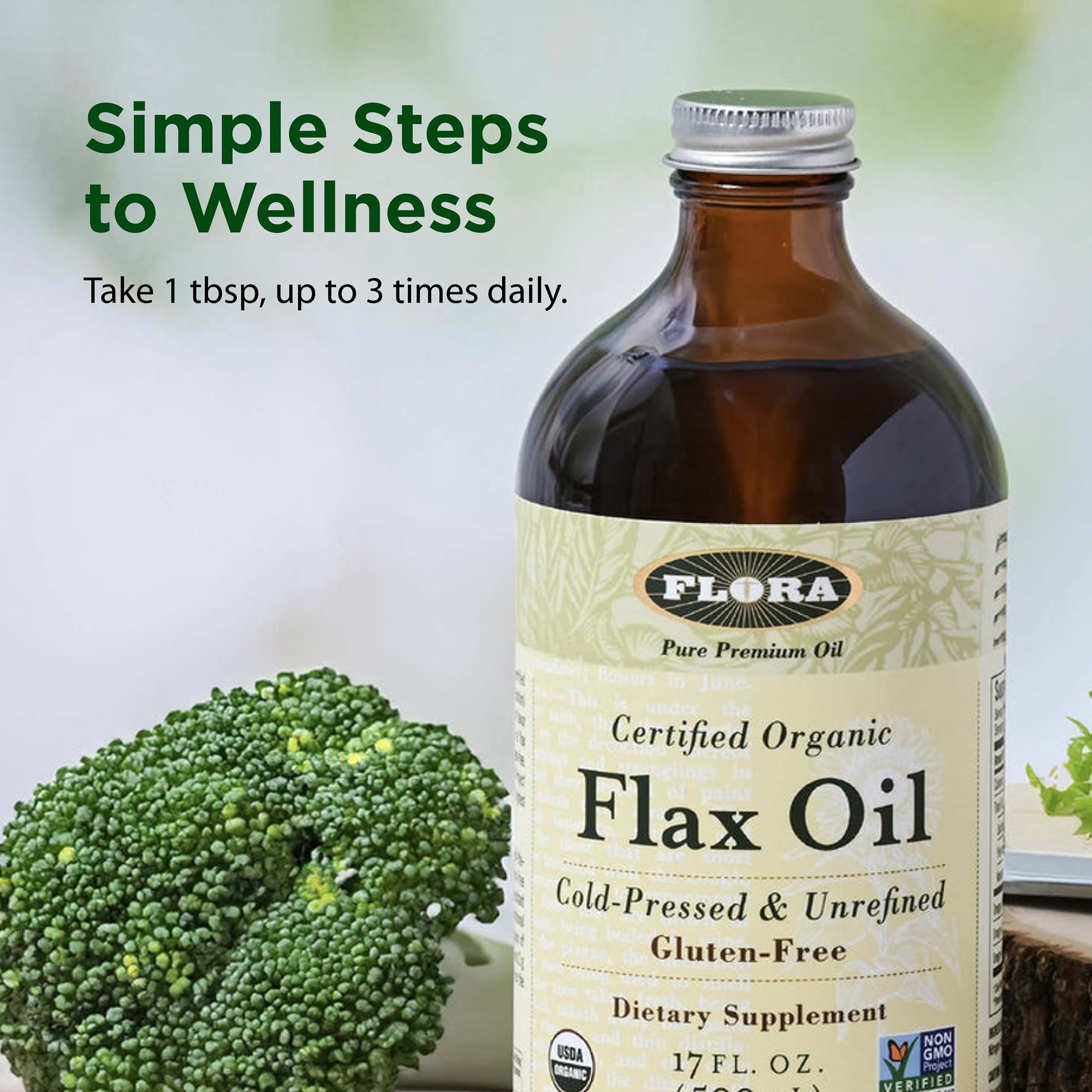 Flora Certified Organic Flax Seed Oil - Cold Pressed & Unrefined - Non-GMO, Gluten-Free, Kosher Omega Flax Oil Blend - Essential Fatty Acids for Wellness - Amber Glass Bottle - 32 fl oz