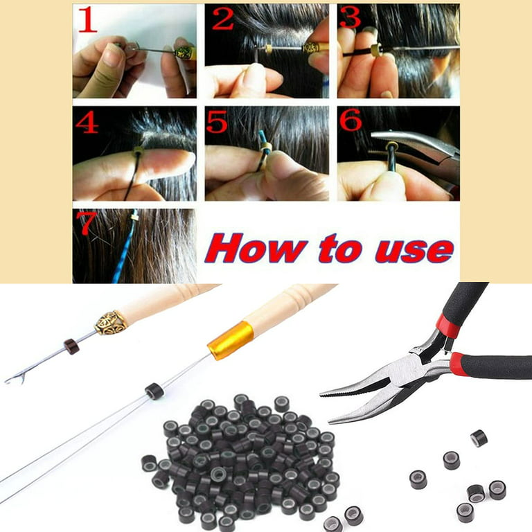 Amesun 1000Pcs Nano Ring Beads with Stick Hair Extension's Remove Plier and  Pulling Needle Hook Ring Beads Device Tool Kit