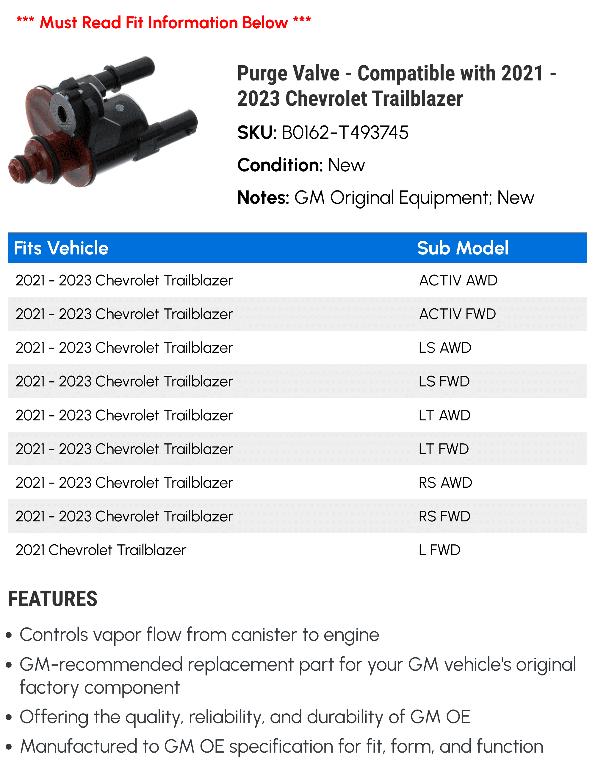 Purge Valve - Compatible with 2021 - 2023 Chevrolet Trailblazer - AC Delco