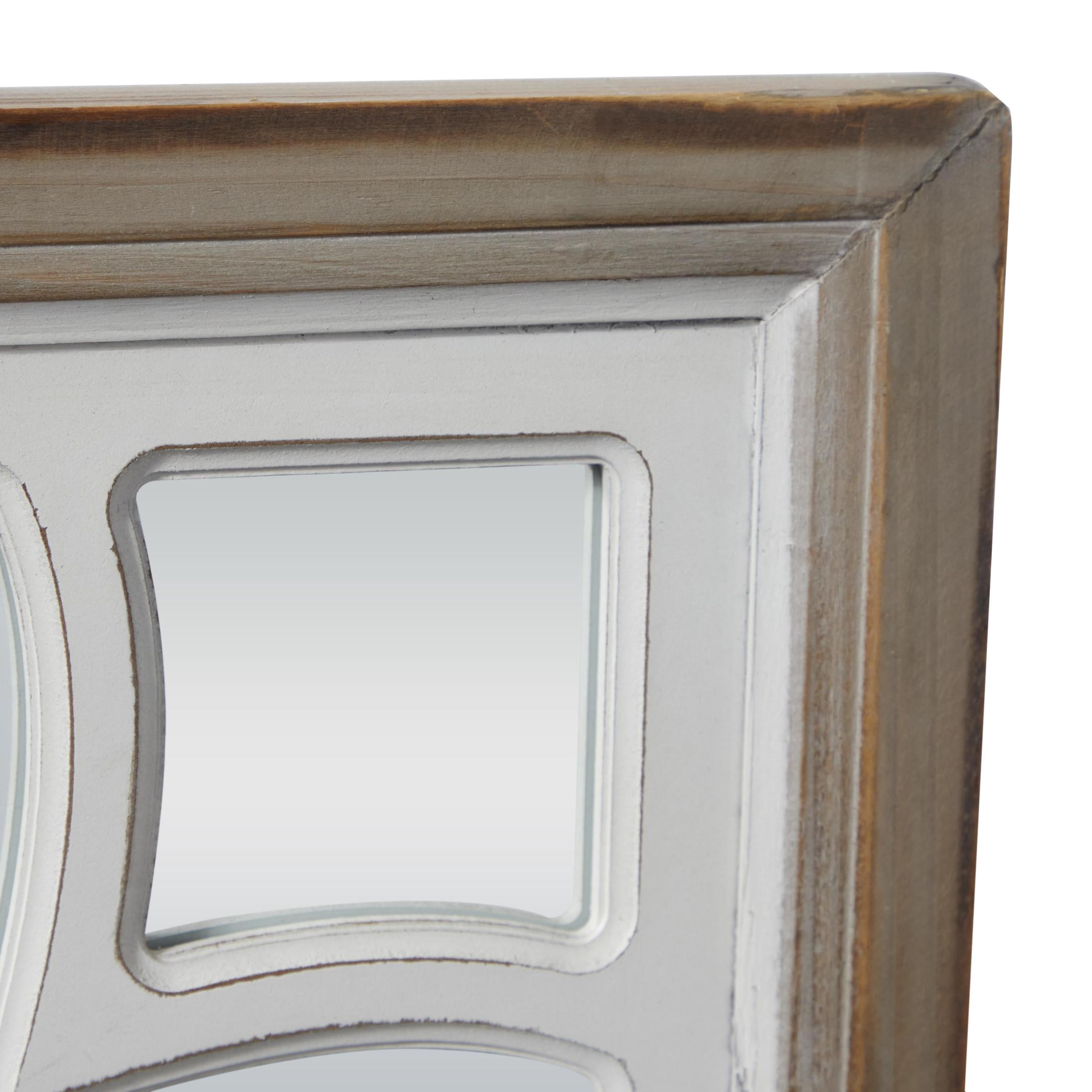 DecMode White Wood Floral Room Wall Mirror with Carved Overlay and Brown Frame, 30" x 1" x 30"