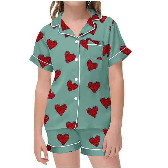 Ovbmpzd Green Kids Pajama Sets Short Sleeve Satin Graphic Collared Buttons Sleepwear Sets Girl Sets Toddler 2-3 Years