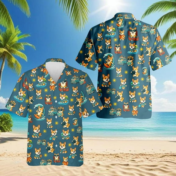 Corgi Hawaiian Shirt for Men, Tropical Style, Button Down Summer Beach Short Sleeve, S-5XL
