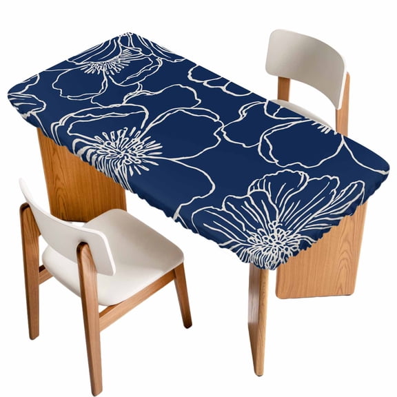 Blue Flowers Table Cloths for 3 Foot Rectangle Tables, Spring Floral Botanical Modern Art Patio Waterproof Elastic Fitted Tablecloths, Washable Rectangular Table Cover for Camping