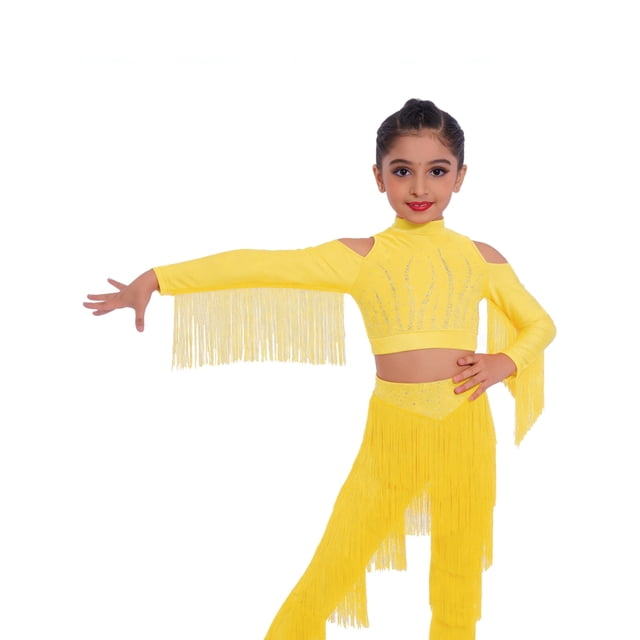 Runhomal Latin Dance Shirts for Girls Long Sleeve Cold Shoulder Tassels Dance Performance Crop Top Yellow 6