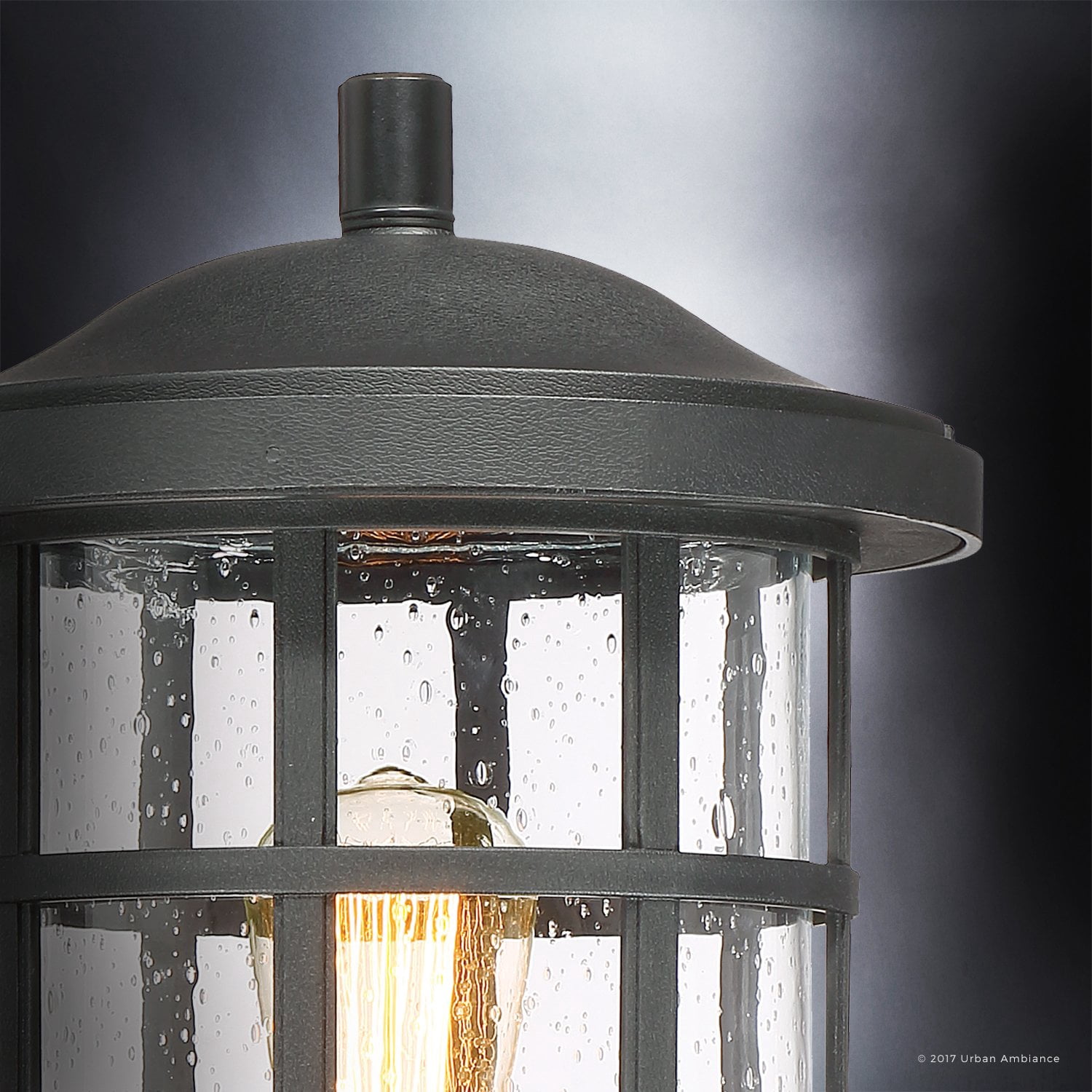Urban Ambiance Luxury Craftsman Outdoor Post Light, Medium Size: 17.25"H x 10"W, with Tudor Style Elements, Wrought Iron Design, Natural Black Finish and Seeded Glass, UQL1046