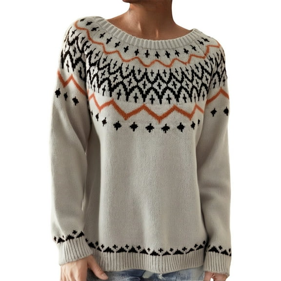 Womens Sweater Casual Fall Winter Retro Fair Isle Color Block Long Sleeve Knitted Crewneck Pullover Plus Size Blouses for Women,Khaki,L