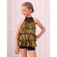 thumbnail image 6 of IBTOM CASTLE Girls Sequin Dance Outfit Sparkly Latin Hip Hop Jazz Dance Outfit Halter Mesh Ruffle Dress Top and Shorts Dancewear Golden, 6 of 7