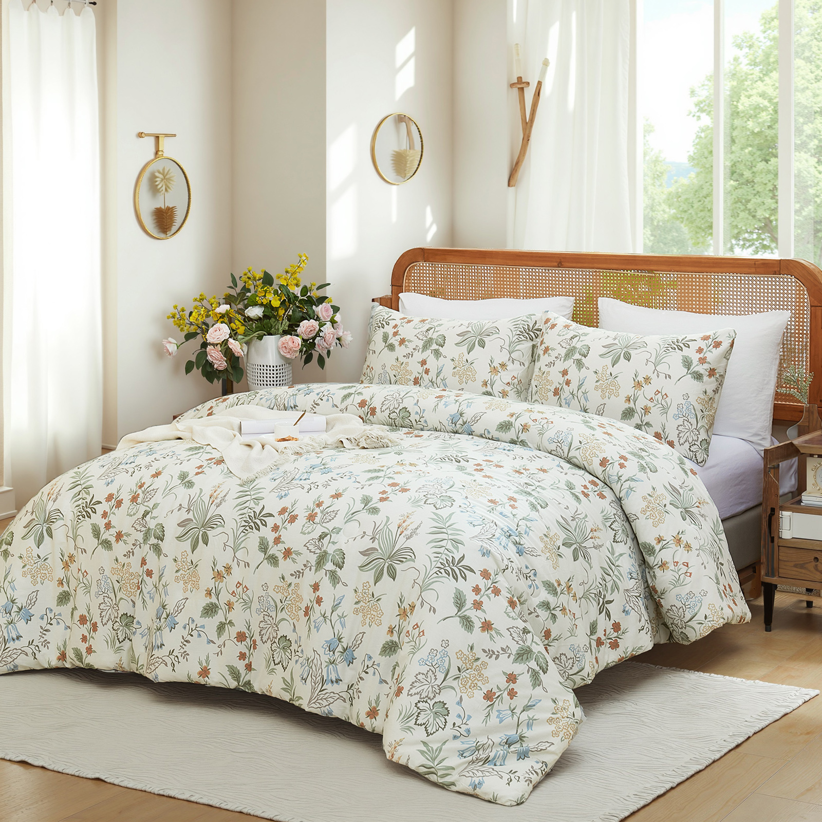 100% Cotton Comforter Set Queen Size, Botanical Floral Comforter with 2 Pillowcases, Vintage Garden Flowers Pattern, Soft Breathable Bedding for All Seasons