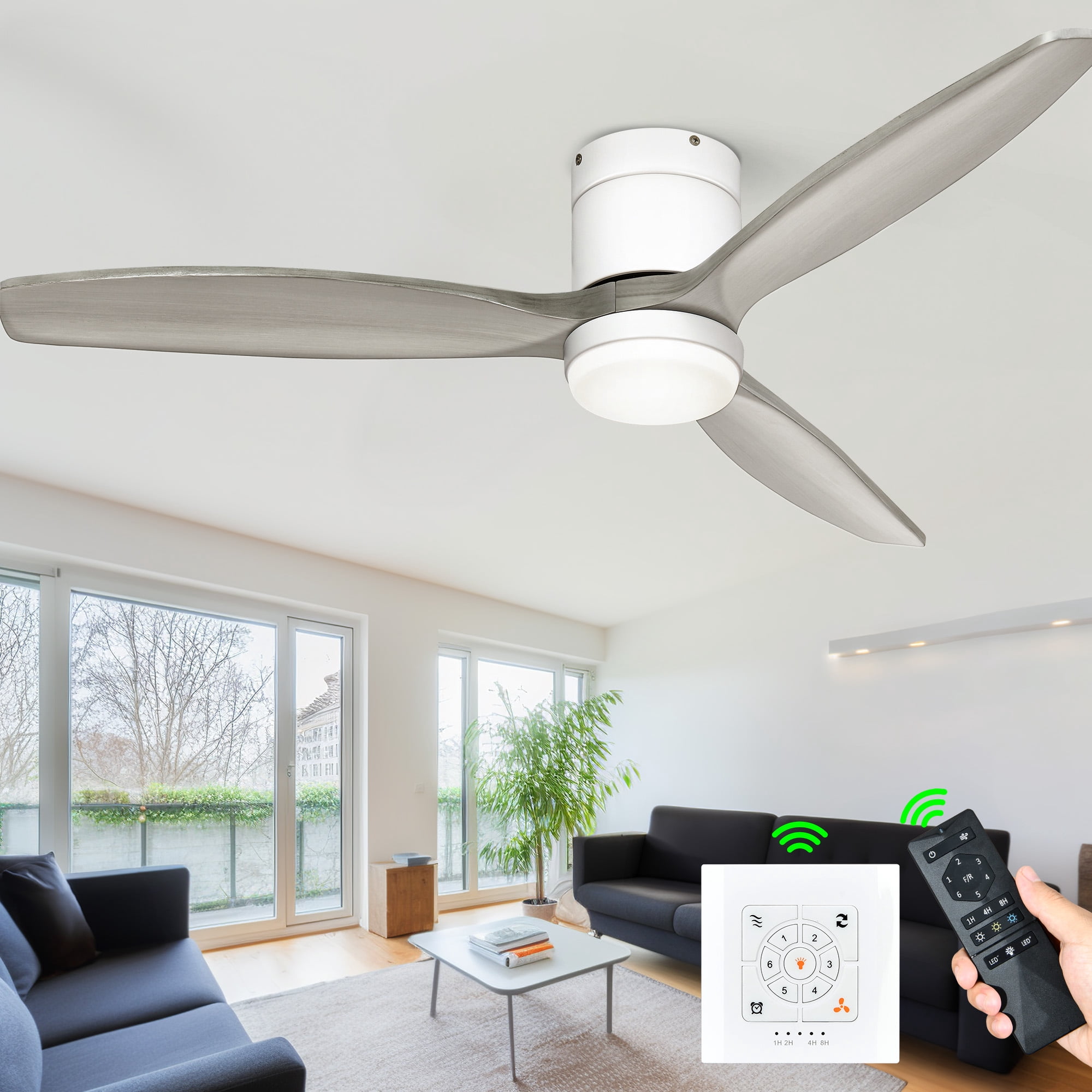 Dextrus 52in White Gray Flush Mount Ceiling Fan with Remote Control