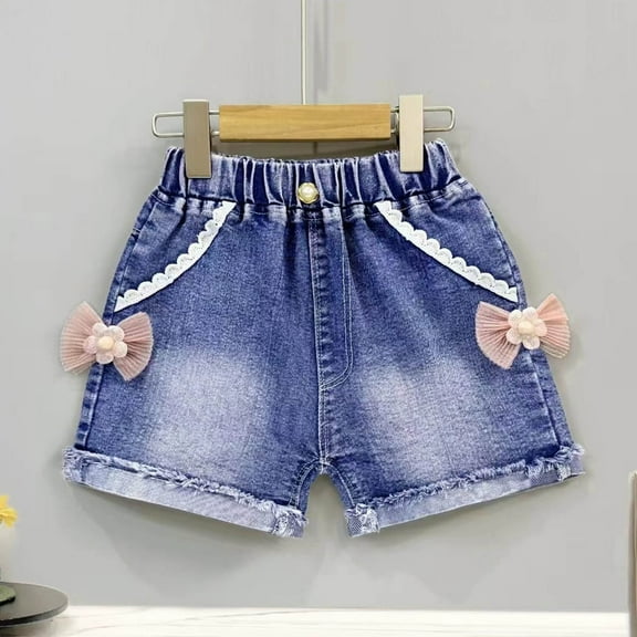 Cethrio Denim Shorts for Girls, 2025 Casual Elastic Waist Stretch Short Jeans Blue Size 2-6 T