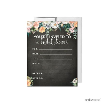 Peach Chalkboard Floral Garden Party Wedding Collection, Blank Bridal Shower Invitations with Envelopes,