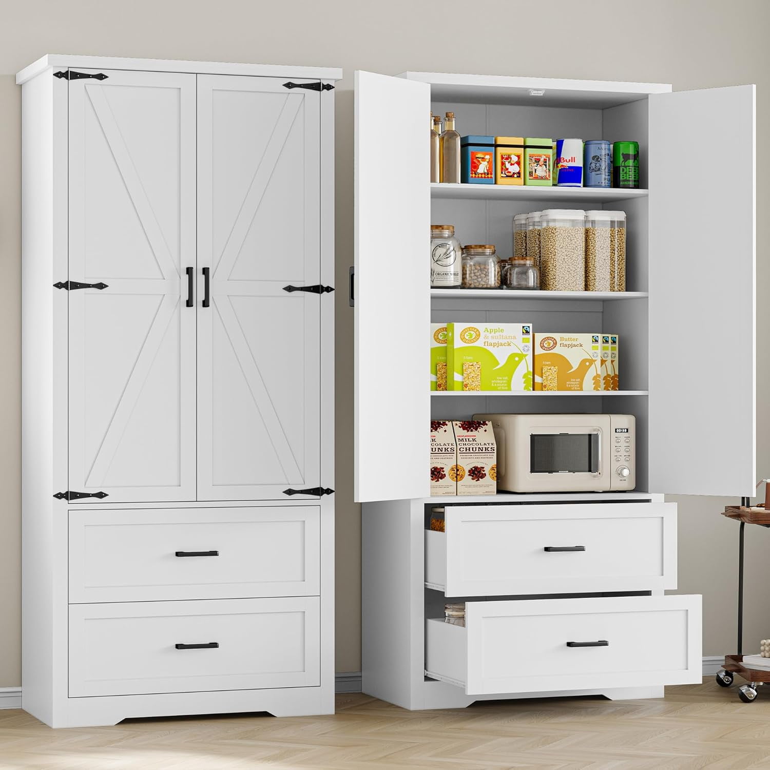 FANRAL 71” Tall Pantry Organizers and Storage Cabinet with Barn Doors & Drawers,Adjustable Shelf for Kitchen Dining Room Living Room Bathroom Office,White Pantry Cabinet