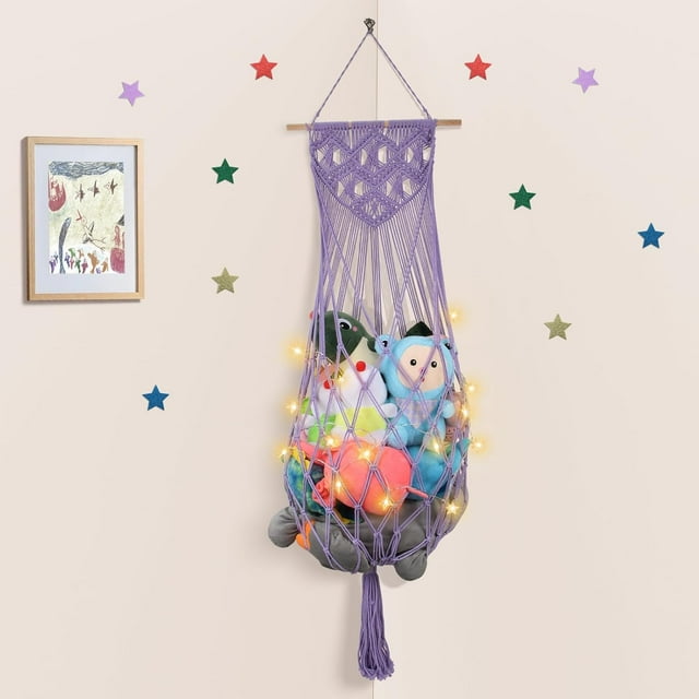 Stuffed Animal Hammock Corner Jumbo Macrame Ceiling Toys Net Wall Hanging Organizer Holder Plush Storage Display Net Mesh with String Light for Nursery Playroom ()