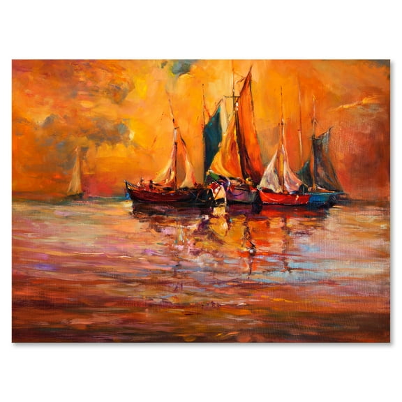Designart ' Boats During Evening Sunset In The Ocean I ' Nautical & Coastal Canvas Wall Art Print
