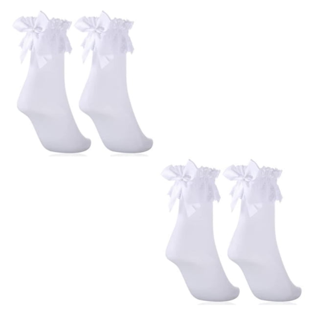 relayinert White Lightweight Women Lace Socks With Bow For Chic Look Stretchy Opaque Ruffle Lace Socks 2Set